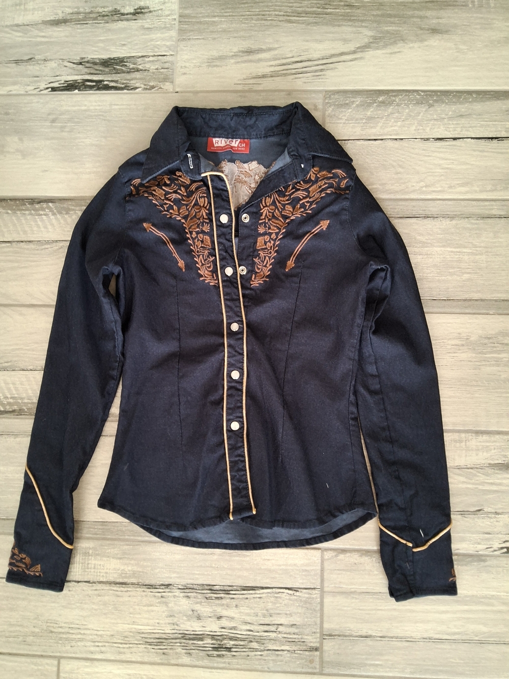 River Navy Embroidered Western Button-Down Shirt